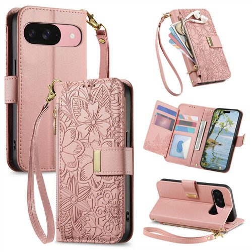 Google Pixel 11 / Pixel 11 Pro Flowers Leaves Zipper Wallet Leather Phone Case with Strap - Pink