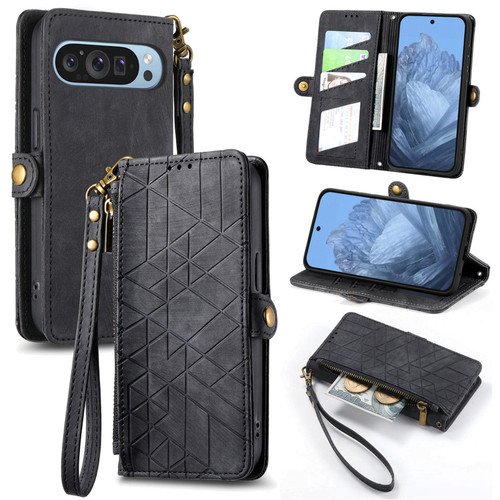 Google Pixel 11 / Pixel 11 Pro Geometric Zipper Wallet Side Buckle Leather Phone Case - Black