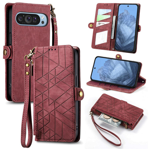 Google Pixel 11 / Pixel 11 Pro Geometric Zipper Wallet Side Buckle Leather Phone Case - Red