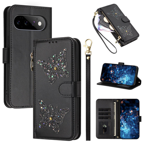 Google Pixel 11 / Pixel 11 Pro Glitter Butterfly Zipper Vegan Leather Phone Case with Wrist Strap - Black