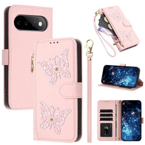 Google Pixel 11 / Pixel 11 Pro Glitter Butterfly Zipper Vegan Leather Phone Case with Wrist Strap - Pink