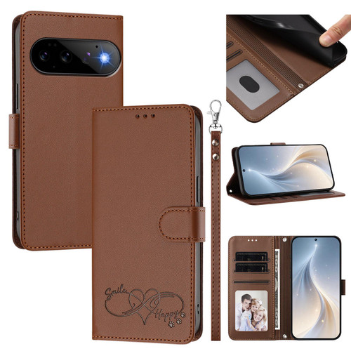 Google Pixel 11 / Pixel 11 Pro Happy Heart Pattern Magnetic Closure Vegan Leather Phone Case with Wrist Strap - Brown