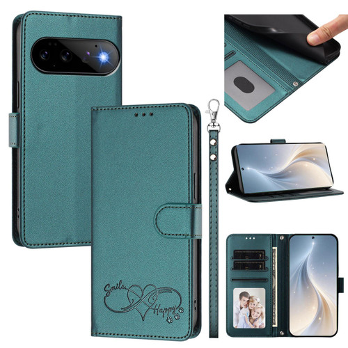 Google Pixel 11 / Pixel 11 Pro Happy Heart Pattern Magnetic Closure Vegan Leather Phone Case with Wrist Strap - Green