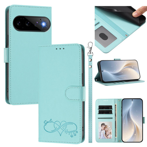 Google Pixel 11 / Pixel 11 Pro Happy Heart Pattern Magnetic Closure Vegan Leather Phone Case with Wrist Strap - Mint Green