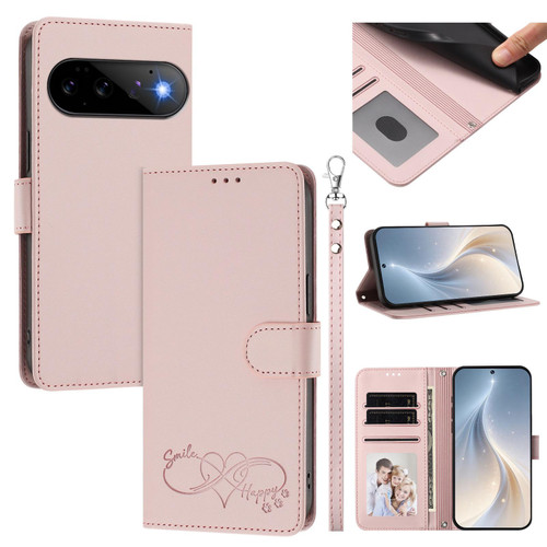 Google Pixel 11 / Pixel 11 Pro Happy Heart Pattern Magnetic Closure Vegan Leather Phone Case with Wrist Strap - Pink