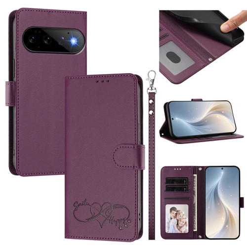 Google Pixel 11 / Pixel 11 Pro Happy Heart Pattern Magnetic Closure Vegan Leather Phone Case with Wrist Strap - Violet