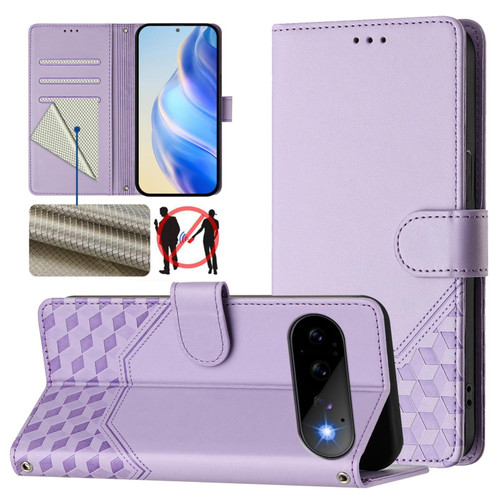Google Pixel 11 / Pixel 11 Pro Honeycomb Embossing RFID Leather Phone Case - Light Purple