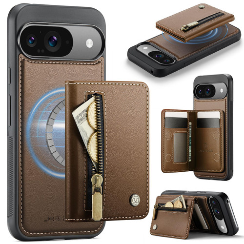 Google Pixel 11 / Pixel 11 Pro JEEHOOD J12 Exquisite RFID MagSafe Zipper Card Bag Phone Case - Brown