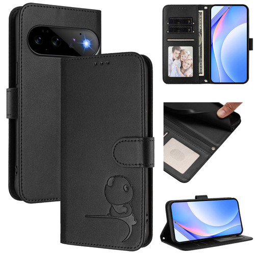 Google Pixel 11 / Pixel 11 Pro Litter Panda Embossing RFID Leather Phone Case with Lanyard - Black