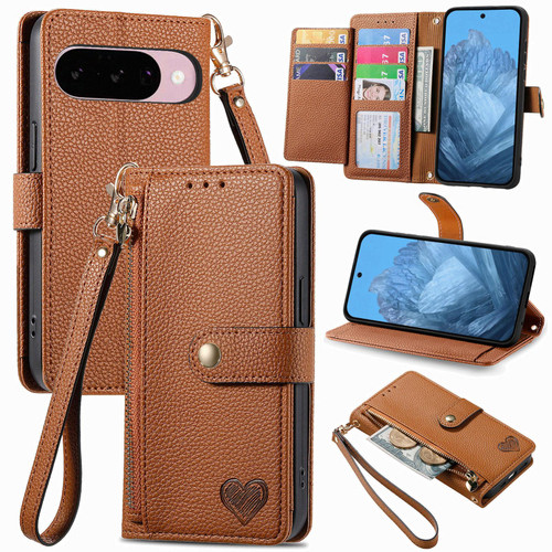 Google Pixel 11 / Pixel 11 Pro Love Zipper Lanyard Leather Phone Case - Brown