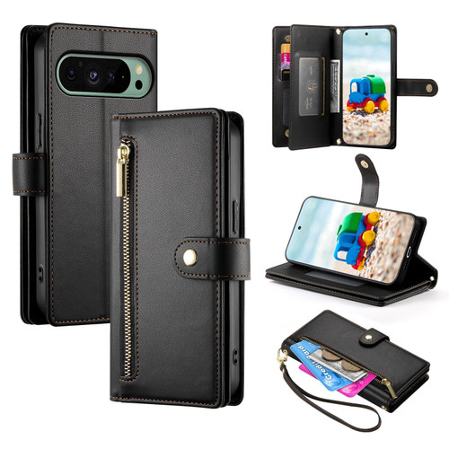 Google Pixel 11 / Pixel 11 Pro Nine Card-slot Zipper Wallet Bag Leather Phone Case - Black