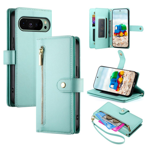 Google Pixel 11 / Pixel 11 Pro Nine Card-slot Zipper Wallet Bag Leather Phone Case - Mint Green