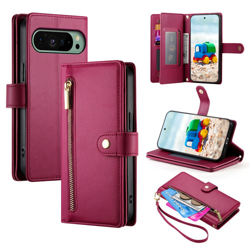 Google Pixel 11 / Pixel 11 Pro Nine Card-slot Zipper Wallet Bag Leather Phone Case - Red