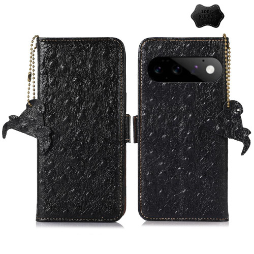 Google Pixel 11 / Pixel 11 Pro Ostrich Pattern Genuine Leather RFID Phone Case - Black