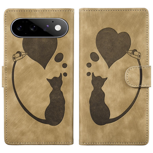 Google Pixel 11 / Pixel 11 Pro Pen Heart Cat Embossed Leather Phone Case - Apricot