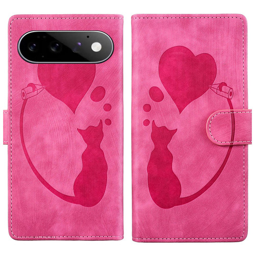 Google Pixel 11 / Pixel 11 Pro Pen Heart Cat Embossed Leather Phone Case - Pink