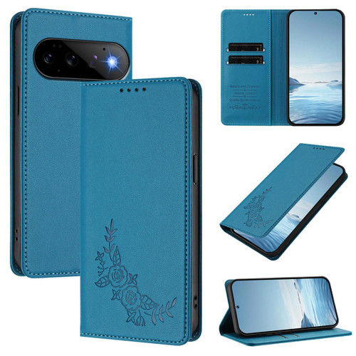 Google Pixel 11 / Pixel 11 Pro Peony Embossed Magnetic RFID Vegan Leather Phone Case - Lake Blue