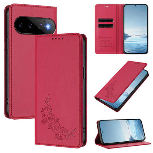 Google Pixel 11 / Pixel 11 Pro Peony Embossed Magnetic RFID Vegan Leather Phone Case - Red