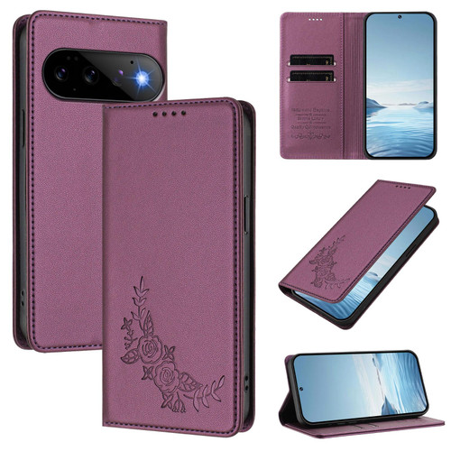 Google Pixel 11 / Pixel 11 Pro Peony Embossed Magnetic RFID Vegan Leather Phone Case - Violet Purple