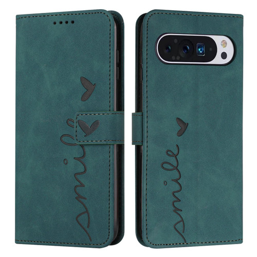 Google Pixel 11 / Pixel 11 Pro Skin Feel Heart Embossed Leather Phone Case with Long Lanyard - Green
