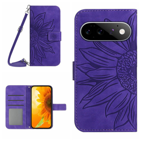 Google Pixel 11 / Pixel 11 Pro Skin Feel Sun Flower Embossed Flip Leather Phone Case with Lanyard - Dark Purple