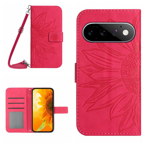Google Pixel 11 / Pixel 11 Pro Skin Feel Sun Flower Embossed Flip Leather Phone Case with Lanyard - Rose Red