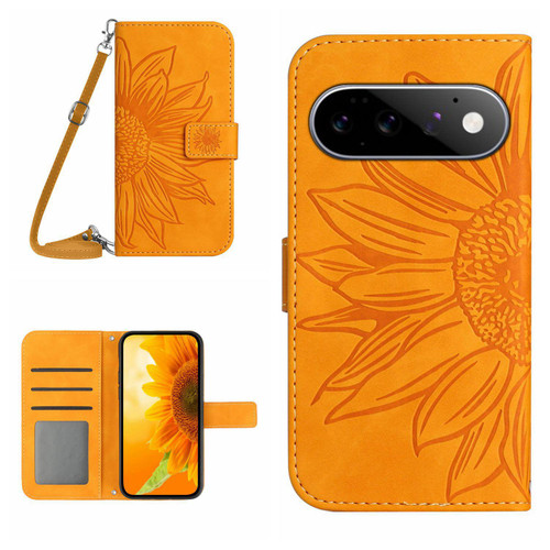 Google Pixel 11 / Pixel 11 Pro Skin Feel Sun Flower Embossed Flip Leather Phone Case with Lanyard - Yellow