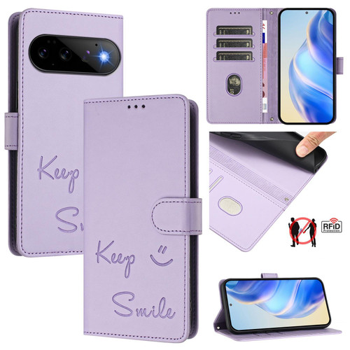 Google Pixel 11 / Pixel 11 Pro Smile Embossing RFID Leather Phone Case - Light Purple