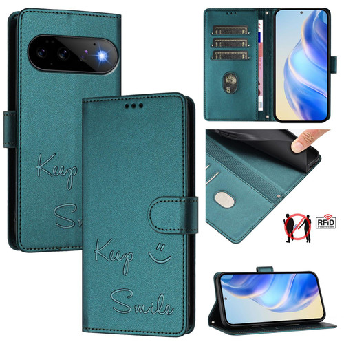 Google Pixel 11 / Pixel 11 Pro Smile Embossing RFID Leather Phone Case - Peacock Green
