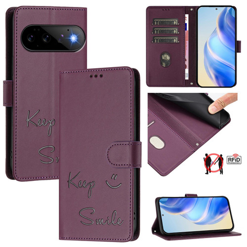 Google Pixel 11 / Pixel 11 Pro Smile Embossing RFID Leather Phone Case - Violet