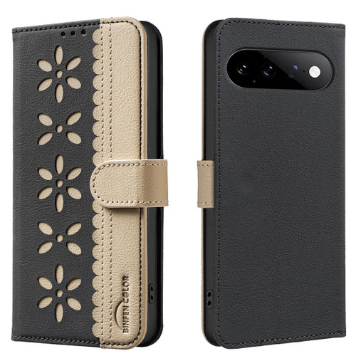 Google Pixel 11 / Pixel 11 Pro Splicing Color Hollow Flower Pattern RFID Leather Phone Case - Black