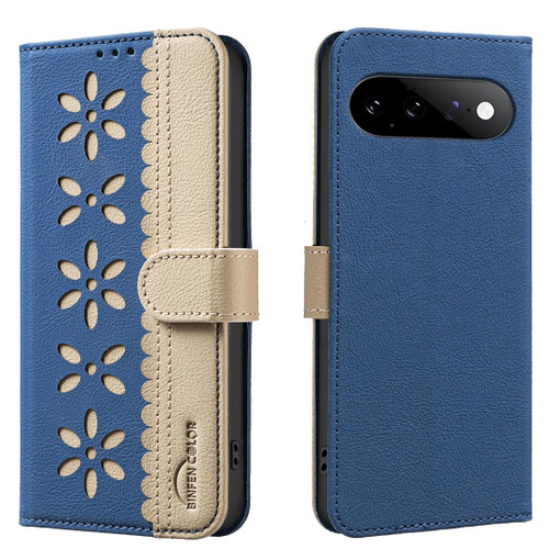 Google Pixel 11 / Pixel 11 Pro Splicing Color Hollow Flower Pattern RFID Leather Phone Case - Dark Blue