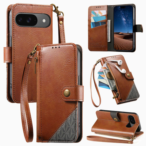 Google Pixel 11 / Pixel 11 Pro Splicing Zipper Wallet Vegan Leather Phone Case with Strap - Brown