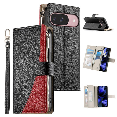 Google Pixel 11 / Pixel 11 Pro Stitching Multi-card Zipper Wallet Leather Phone Case with Short Strap - Black