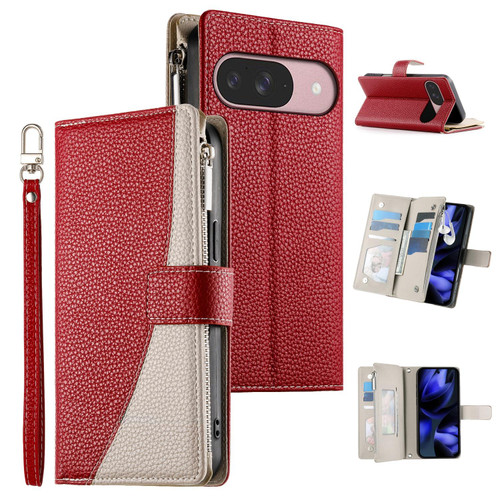 Google Pixel 11 / Pixel 11 Pro Stitching Multi-card Zipper Wallet Leather Phone Case with Short Strap - Red
