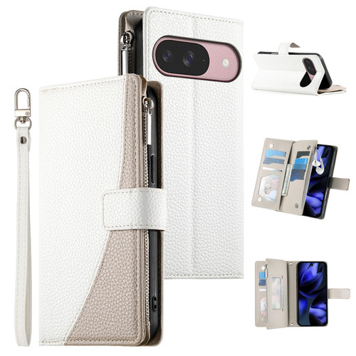 Google Pixel 11 / Pixel 11 Pro Stitching Multi-card Zipper Wallet Leather Phone Case with Short Strap - White
