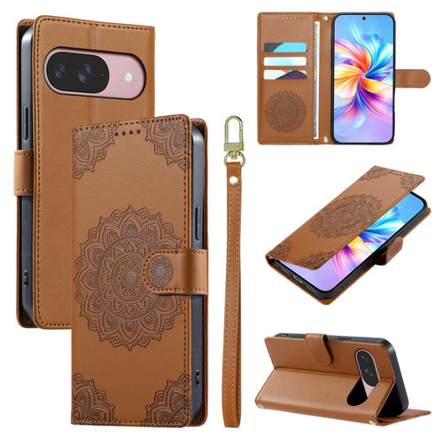 Google Pixel 11 / Pixel 11 Pro Totem Embossed Magnetic Closure Vegan Leather Phone Case with Strap - Brown