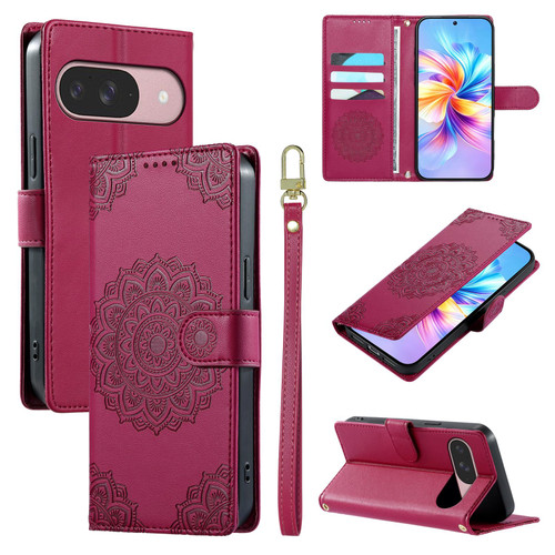 Google Pixel 11 / Pixel 11 Pro Totem Embossed Magnetic Closure Vegan Leather Phone Case with Strap - Rose Red