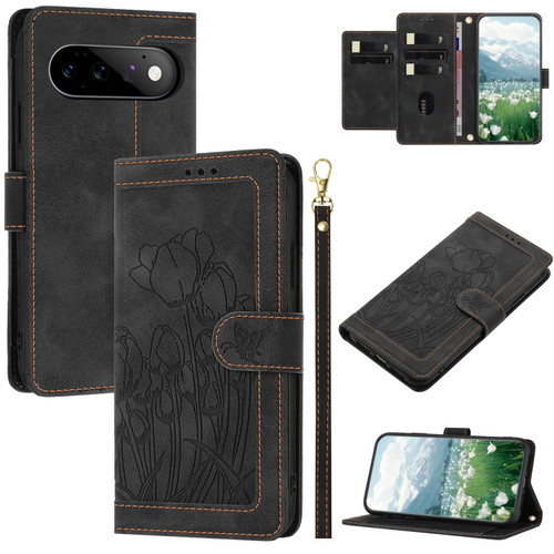 Google Pixel 11 / Pixel 11 Pro Tulips Embossed Leather Phone Case with Lanyard - Black