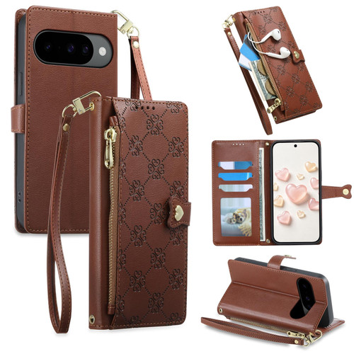 Google Pixel 11 / Pixel 11 Pro Zipper Wallet Heart Buckle Vegan Leather Phone Case with Wrist Strap - Brown