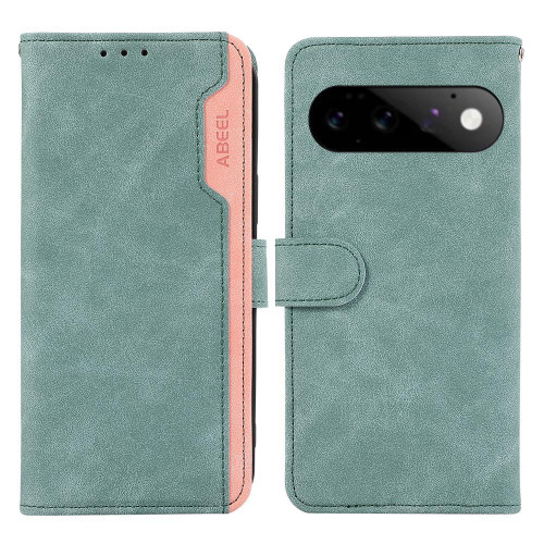 Google Pixel 11 ABEEL Color Block Magnetic RFID Leather Phone Case - Cyan-Pink