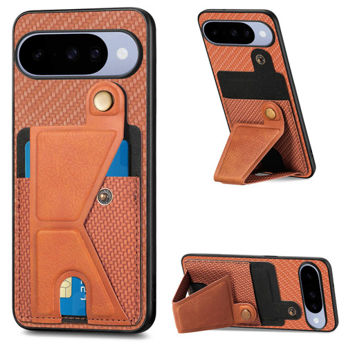 Google Pixel 11 Carbon Fiber Wallet Flip Card K-shaped Holder Phone Case - Brown