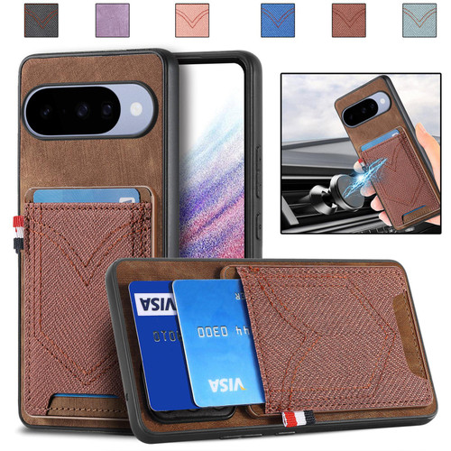 Google Pixel 11 Denim Texture Leather Skin Phone Case with Card Slot - Brown