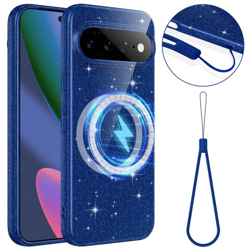 Google Pixel 11 Fine Hole Glossy Glitter Magnetic TPU Phone Case with Same Color Hand Strap - Blue