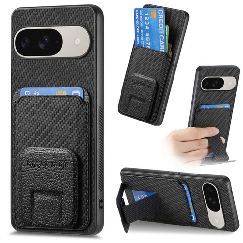 Google Pixel 11 Pro Carbon Fiber Card Bag Fold Stand Phone Case - Black
