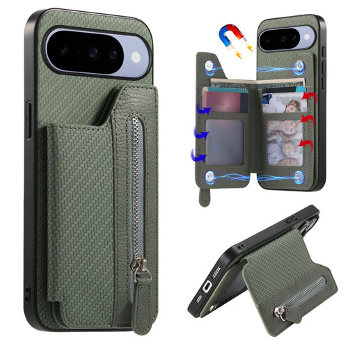 Google Pixel 11 Pro Carbon Fiber Horizontal Flip Zipper Wallet Phone Case - Green