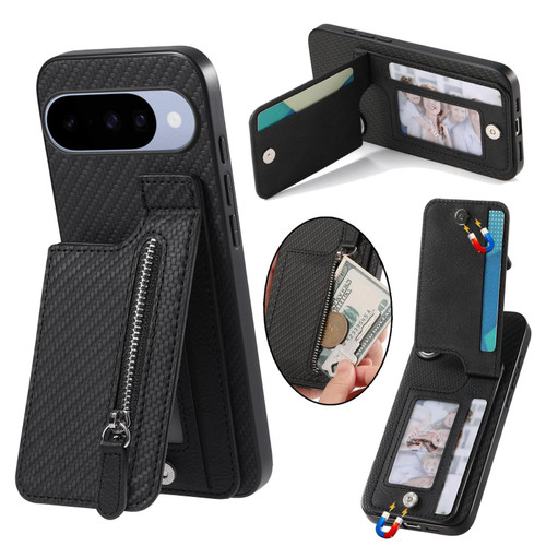 Google Pixel 11 Pro Carbon Fiber Vertical Flip Zipper Phone Case - Black