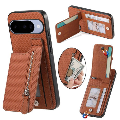 Google Pixel 11 Pro Carbon Fiber Vertical Flip Zipper Phone Case - Brown