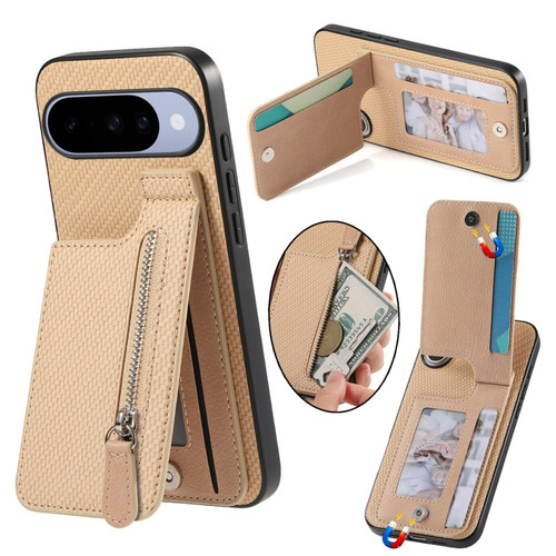 Google Pixel 11 Pro Carbon Fiber Vertical Flip Zipper Phone Case - Khaki