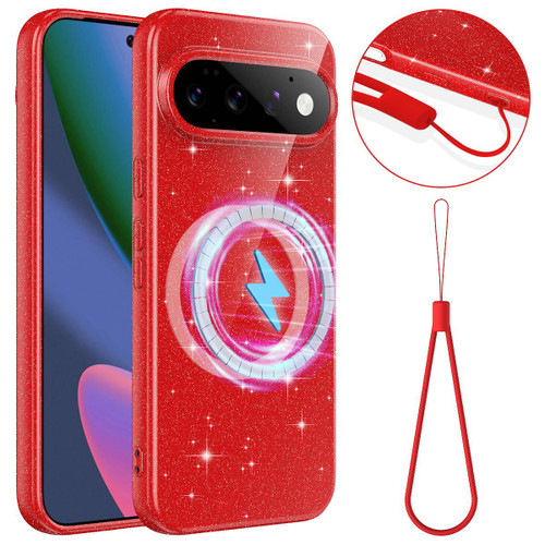 Google Pixel 11 Pro Fine Hole Glossy Glitter Magnetic TPU Phone Case with Same Color Hand Strap - Red